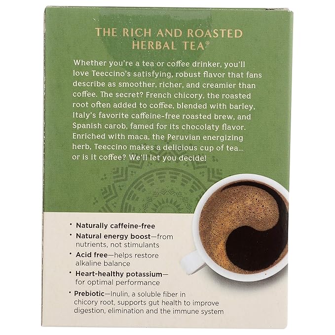 Teeccino Maca Chocolaté Herbal Tea - Rich & Roasted Herbal Tea That’s Caffeine Free & Prebiotic with Natural Energy from Adaptogenic Peruvian Maca, 10 Tea Bags