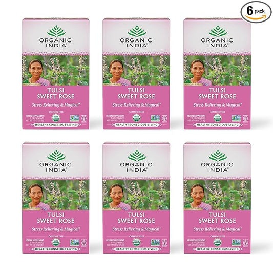 Organic India Tulsi Sweet Rose Herbal Tea - Holy Basil Leaf, African Basil, Chamomilie, Lemon Myrtle, Stress Relieving, Immune Support, USDA Certified Organic, Caffeine-Free - 18 Infusion Bags, 6 Pack