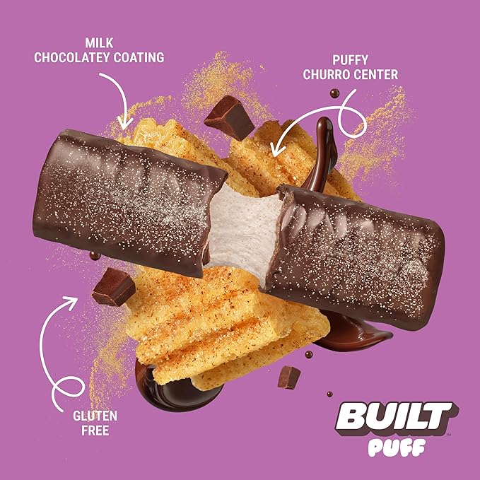 Built Bar, Puff Protein Bars, Churro Puff, 17g Protein Snacks, On-The-Go Bars, Only 140 Calories & 6g Sugar, Collagen, Gluten Free, 12 Count
