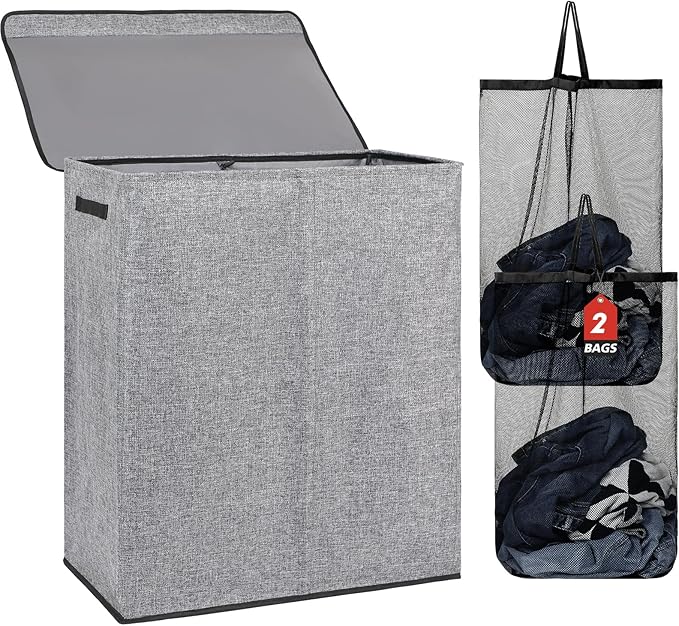 DOKEHOM 150L Double Laundry Basket with Lid and Removable Laundry Bags, Large Collapsible Laundry Hamper with 2 Sections for Bedroom, Bathroom, Laundry Room, Colloge (Grey)