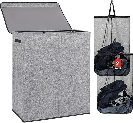 DOKEHOM 150L Double Laundry Basket with Lid and Removable Laundry Bags, Large Collapsible Laundry Hamper with 2 Sections for Bedroom, Bathroom, Laundry Room, Colloge (Grey)