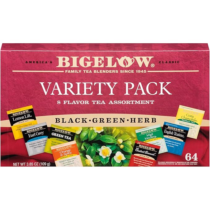 Bigelow Fine Tea & Herbal Tea Assortment 64 Count Box (Pack of 2) Caffeinated and Caffeine Tea, 128 Tea Bags Total