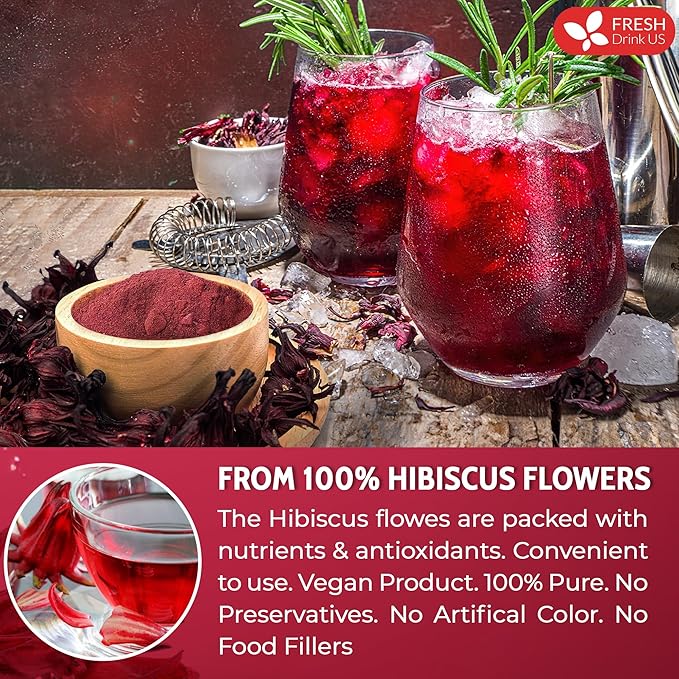 FreshDrinkUS, 6oz Hibiscus Dried Flowers, 100% Natural, Pure from Hibiscus Flowers. Loose Flower Hibiscus Herbal Tea. Hibiscus Flower Tea. No Sugar, No Caffeine, No Gluten, Vegan.