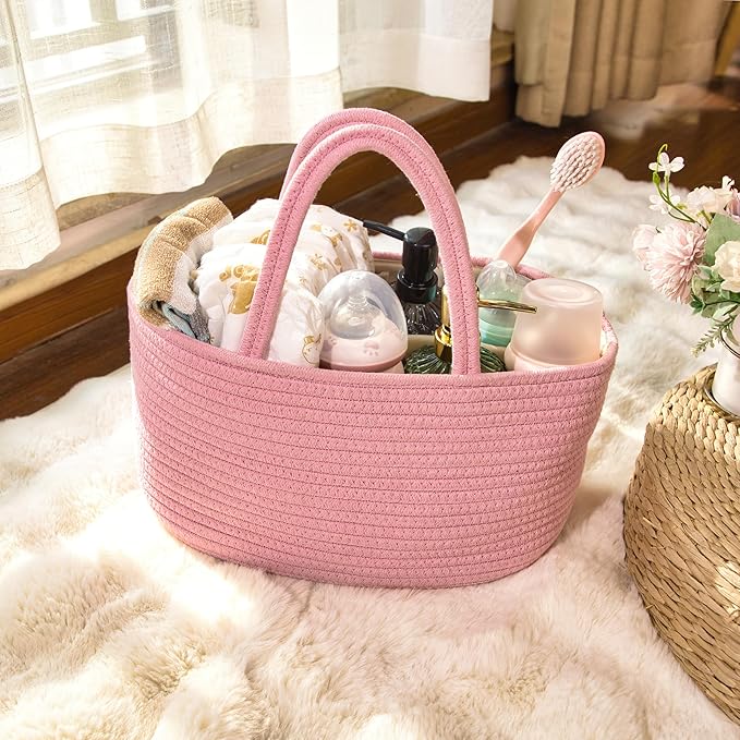 Baby Diaper Caddy Girl Boy Organizer Small Woven Baskets With Handle, Cotton Rope Tote For Shower Nursery, Decorative Small Storage Baskets For Shelves,Unique Gift Baby