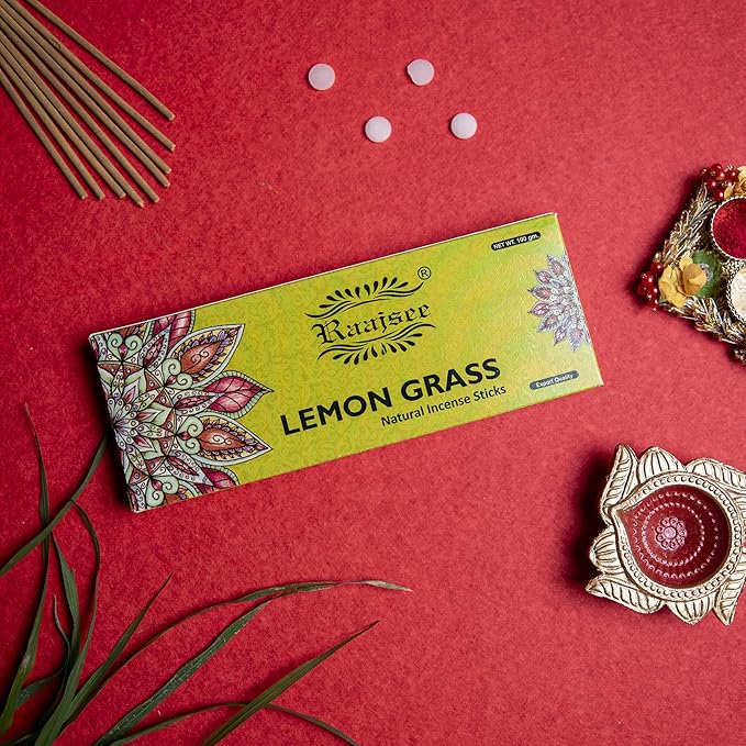 Raajsee Incense Sticks Lemon Grass 100 gm Pack-100% Pure Organic Natural Hand Rolled Free from Chemicals-Perfect for Church, Aromatherapy,Relaxation,Meditation,Positivity & Sensual Therapy