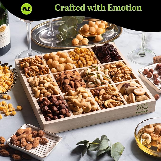 NUT CRAVINGS Gourmet Collection - Thank You Appreciation, Nuts Gift Basket with TY Ribbon + Greeting Card in Reusable Wooden Tray (12 Assortments) Food Arrangement, Healthy Snack Care Package