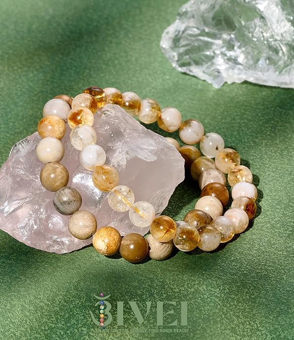 Bivei Natural Gemstone Semi Precious Healing Crystals Handmade Stretchy Round Beads Bracelet, Enhance Positive Energy