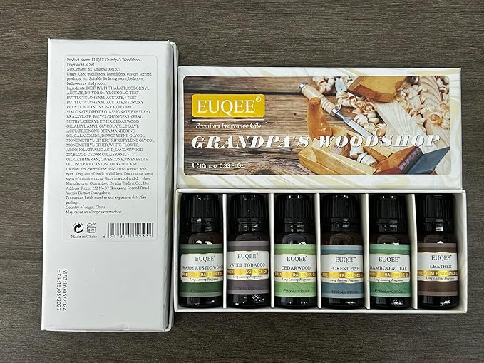 EUQEE Fragrance Oils Gift Set Premium Woody Scented Oil - Forest Pine, Warm Rustic Woods, Bamboo & Teak, Cedarwood, Leather, Sweet Tobacc(Honeyed Haze), for Diffuser, Soap Making, Candle - 6x10ml