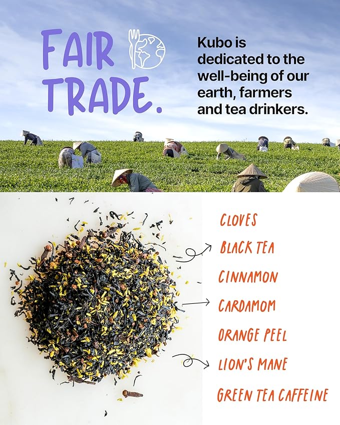 Kubo Tea Lion's Mane Black Tea - High Caffeine Coffee Substitute w/ 20 Servings (155mg Caffeine Each) - Organic Lion's Mane Tea Bags with Pillow Bag Design, Biodegradable and Compostable Packaging