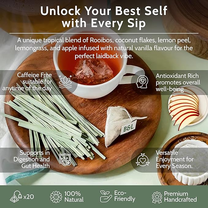 Blooms & Leopard Premium Herbal Tea Bags | The Laidback Elephant Blend | Rooibos, Apple, Lemongrass, Lemon Peel & Coconut Flakes | Caffeine-Free Herbal Infusion for Relaxation, Detox & Wellness | 20 Pyramid Tea Bags