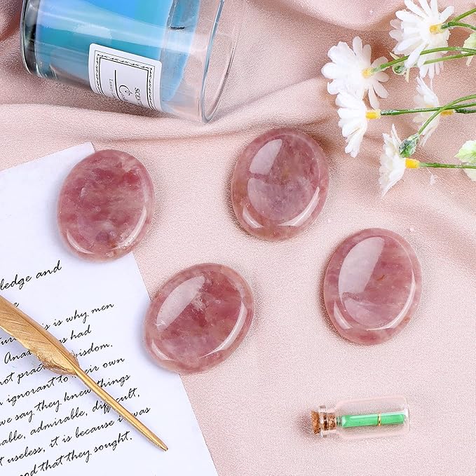 2" Strawberry Quartz Worry Stone Cherry Palm Stones Healing Crystals for Anxiety Meditation Thumb Stone Witchy Strawberry Decor Gift