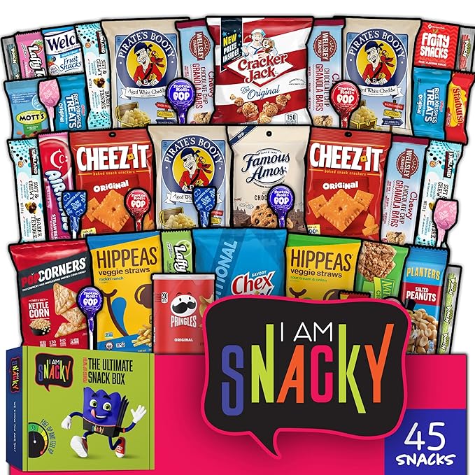 I AM Snacky - Haloween Trick or Treats Snack Box Variety Pack Care Package + Greeting Card - SNACKY'S FESTIVE FAVES (45 Count) Birthday Sweet Treats Gift Basket, Candies Chips, Office Food Assortments