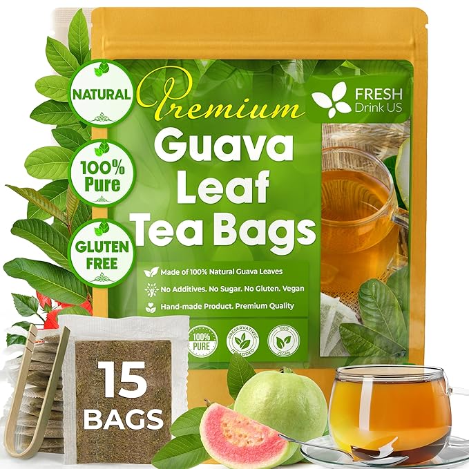 FreshDrinkUS, Premium 15 Guava Leaf Tea Bags, 100% Natural & Pure. Loose Leaf Guava Herbal Tea. No Sugar, No Caffeine, No Gluten, Vegan.