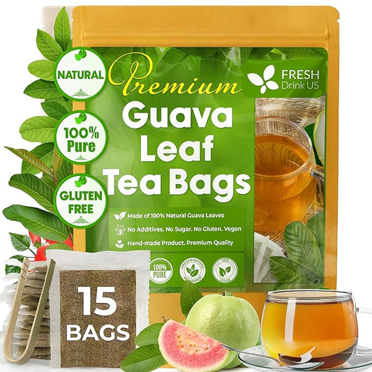 FreshDrinkUS, Premium 15 Guava Leaf Tea Bags, 100% Natural & Pure. Loose Leaf Guava Herbal Tea. No Sugar, No Caffeine, No Gluten, Vegan.