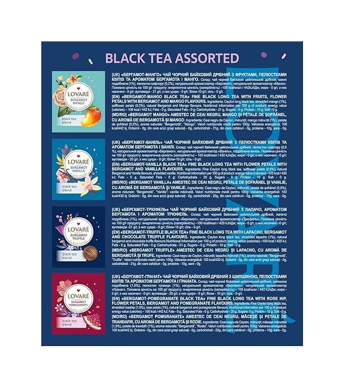 LOVARE Bergamot Assorted Tea Variety Pack 32 Pack, 4 Tastes - Made in Ukraine - Black Tea Bags Individually Wrapped - Assorted Tea Bags Variety Pack with Vanilla, Truffle, Mango, Pomegranate Flavors