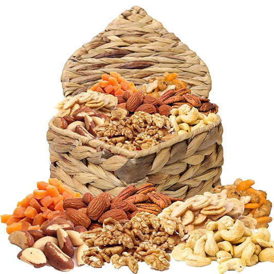 Anna and Sarah Hearth Shape Gift Basket, Premium Assorted Nuts , Dried Fruit and Snack Variety Raw Cashew -Roasted Almond-Roasted Blanched Blanched Hazelnut-Walnut-Oregon-Pecan-Brazil Nuts Dried Papaya-Banana Chips and Rice Crackers Single Serve Packs