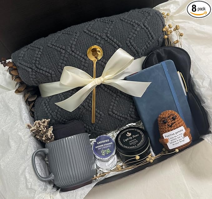 Get Well Soon Gift Baskets for Men&Women- Self Care Package/Brithday - After Surgery, Sympathy Gifts for Loss of Loved One, Thinking of You/Grief/Bereavement/Miscarriage Gifts (Grey & Navy Blue)