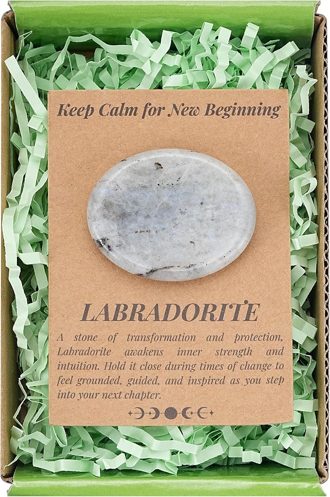 QianCannaor Labradorite Oval Shaped Worry Stone for Adults • Crystals and Healing Stones for Anxiety Relief, Stress Relief & & New Beginnings • Pocket Palm Stone with Affirmation Card