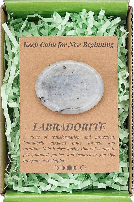 QianCannaor Labradorite Oval Shaped Worry Stone for Adults • Crystals and Healing Stones for Anxiety Relief, Stress Relief & & New Beginnings • Pocket Palm Stone with Affirmation Card