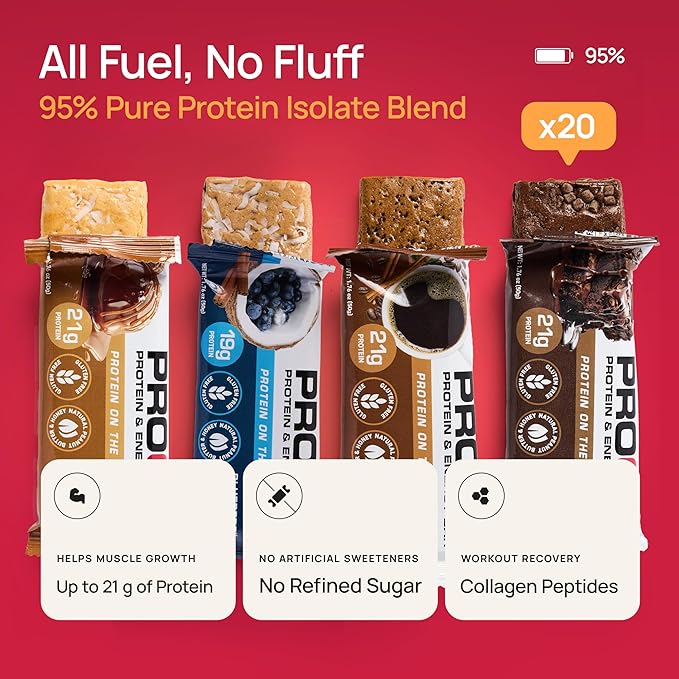 ProGo Protein Bars, Low Sugar, High Protein Snacks (Up to 21g) - 95% Pure Isolate for Faster Muscle Growth & Recovery, Low Calorie, Sweetened w/Peanut Butter & Raw Honey (20-Count, Variety Pack)