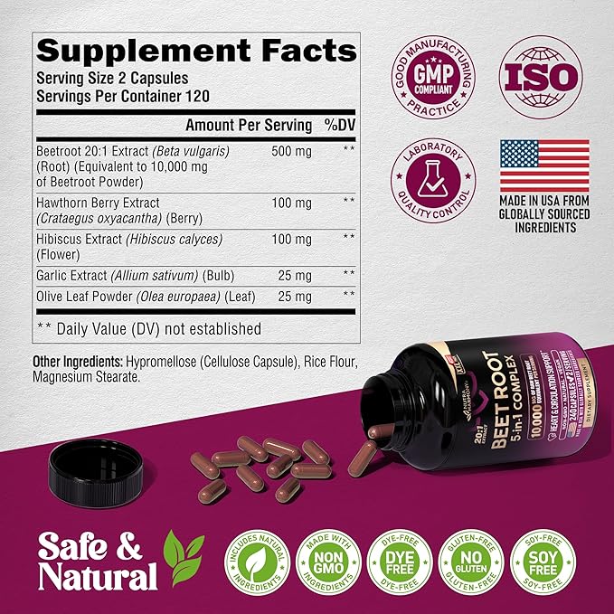 Beet Root Capsules - Healthy Blood Pressure Support Supplement** for Heart & Circulation Support - with Hawthorn Berry, Hibiscus & Garlic - Nitric Oxide for Energy - Made in USA, 240 Capsules