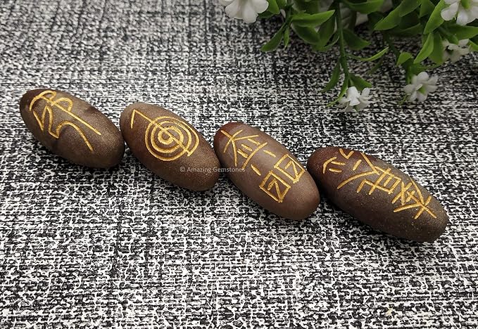 Amazing Gemstone Shiva Lingam Crystal Reiki Stones with Engraved Symbols for Usui Reiki Healing, Set of 4 Pcs (Indian Handmade Reiki Gift Set)