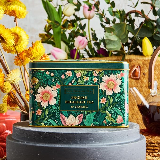 New English Teas Victorian Garden Tea Tin with 40 English Breakfast Teabags, Inspired by Embroidery & Textile Styles