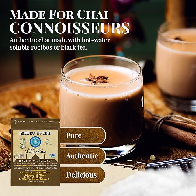 Blue Lotus Chai - Traditional Masala Chai - Makes 17 Cups - 0.5 oz Pouch Masala Spiced Chai Powder with Organic Spices - Instant Indian Tea No Steeping - No Gluten