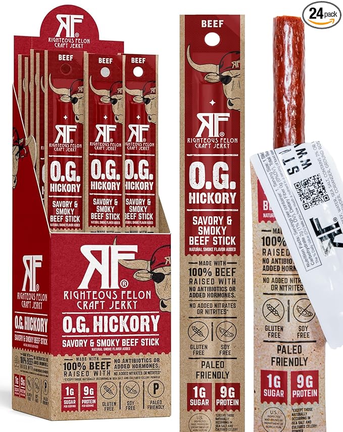 Righteous Felon Meat Sticks | 100% Beef Sticks | Gluten Free & Keto Meat Sticks | Low Sugar & High Protein Beef Sticks | Healthy Snack for Adults | Jerky Gifts for Men | OG Hickory, 24 Pack