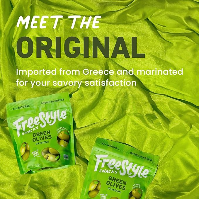 Freestyle Snacks Olive Snack Packs - Fresh Pitted Green Olives, 3 Flavors, Jumbo-Sized, Grown in Greece, Salty Snack, All Natural, Non-GMO, Paleo, Sugar-Free, Keto Snacks - Variety Pack, 4oz (3 Pack)
