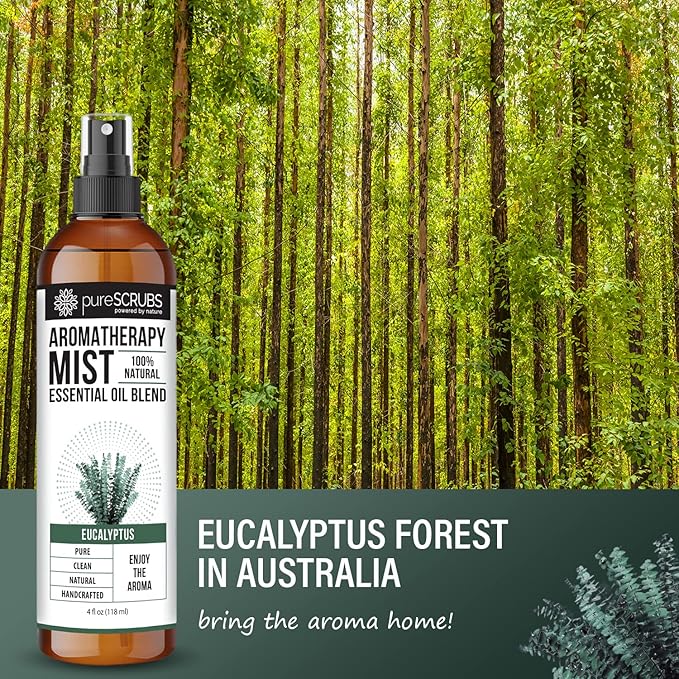 SHAKE, MIST & ENJOY - pureSCRUBS Premium Eucalyptus Aromatherapy Spray Mist for Room, Body, Linens, 100% Natural Essential Oils Plant Based Formula - One 4oz Bottle