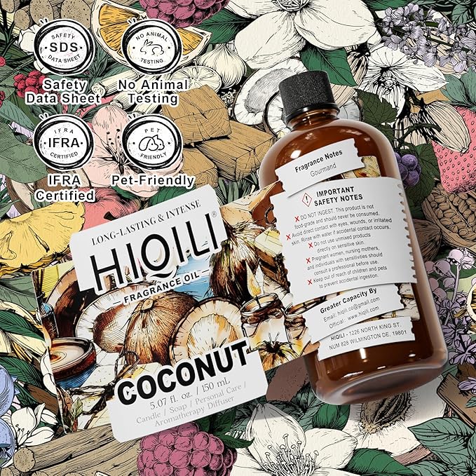 HIQILI Coconut Fragrance Oil for Home Diffuser, Ideal for Making Candle, Soap, Body Spray, Women's Perfume, Creamy Scents - 5.07 Fl Oz
