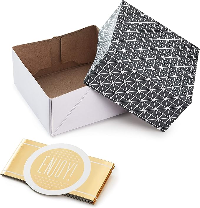 Hallmark Small Gift Boxes with Wrap Band (2-Pack: Gray Geometric, Gold "Enjoy!") 4 inch Boxes for Weddings, Graduations, Engagements, Birthdays, Housewarmings, Wrapped Treats and Cookies