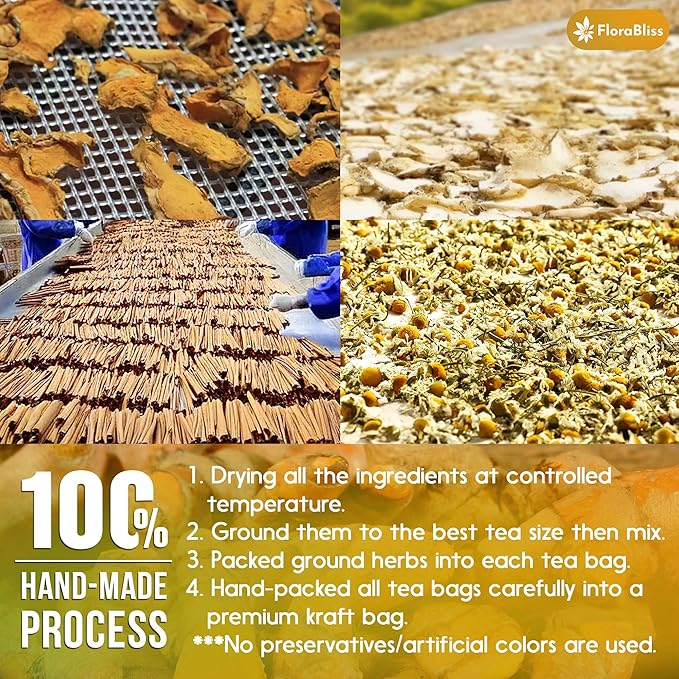 50 Bags Premium Turmeric Ginger Cinnamon Tea with Upgraded Chamomile, Extra Strength 2.2g/Bag, 100% Natural, Caffeine-Free, Vegan, Eco-Friendly, Supports Digestion, Relaxation