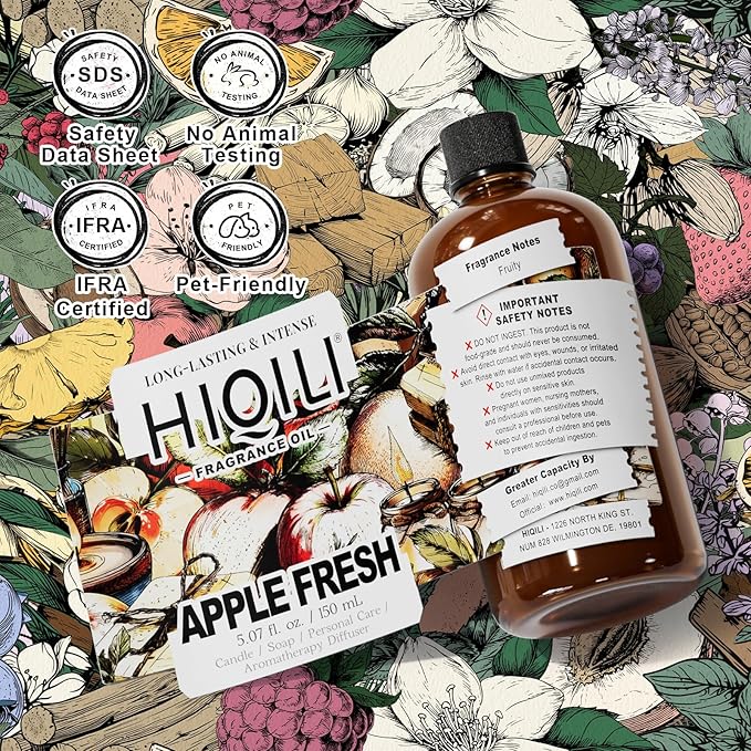 HIQILI Apple Fresh Fragrance Oil for Home Diffuser, Candles, Soaps, Bath Bombs & Perfume Making, Long-Lasting Fruity Scent - 5.07 Fl Oz