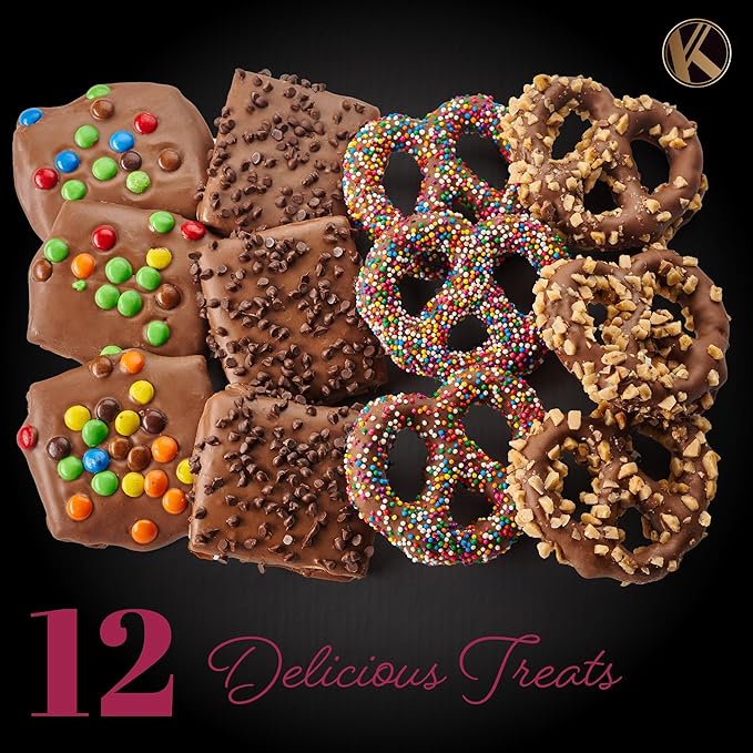 KREMERY Creamy Chocolate Cravings - Diwali Sweets Hamper Chocolate Covered Pretzel Twists & Grahams Cookies Gift Basket, in Brown Gift Box (12 Count, Assorted Sweet Toppings)