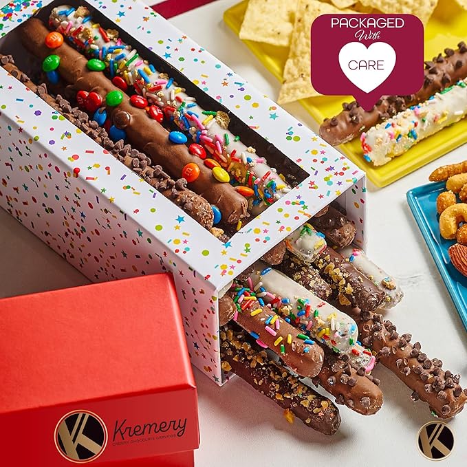 KREMERY Creamy Chocolate Cravings - Diwali Sweets Hamper Chocolate Covered Pretzel Rods Gift Basket, in Confetti Tower (10 Pretzels, Assorted Sweet Toppings) Food Arrangement