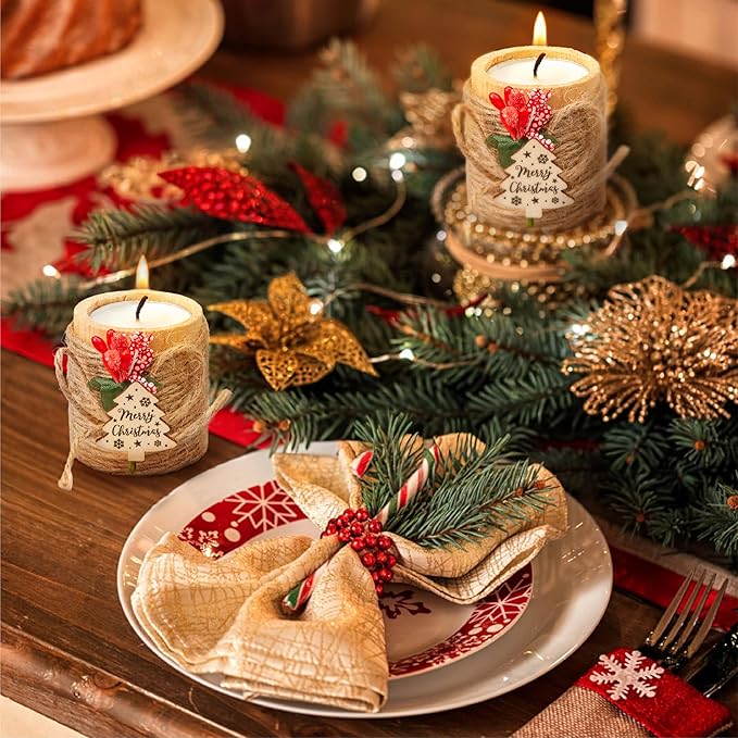 12 PCS Wooden Candle Holders with Candles, Christmas Party Favors with Jute Rope, Holiday Tealight Holders for Table Centerpieces, Home Decoration, Stocking Stuffers