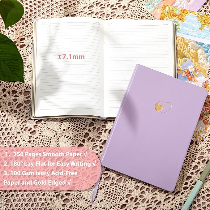 CAGIE Lined Journal Notebook for Women and Girls 256 Pages Cute Diary with Heart-Shaped Leather Journals for Writing A5 Soft Cover Notebooks for Work School, Purple