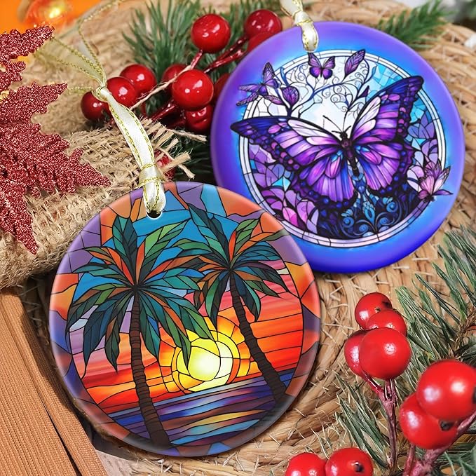 Christmas Ornament - Round Ceramic Decor - Christmas Hanging Decor - Christmas Tree Decorations - Christmas Tree Ornaments - Gifts Exchange (Retro Beach)
