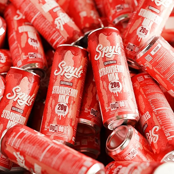 Spylt High Protein Strawberry Milk with 60mg Caffeine & 20g Protein - 90 Calories, Ready to Drink, Sugar Free, Lactose Free Milk, Perfect for Workout Recovery & Afternoon Pick Me Up - 12 Count