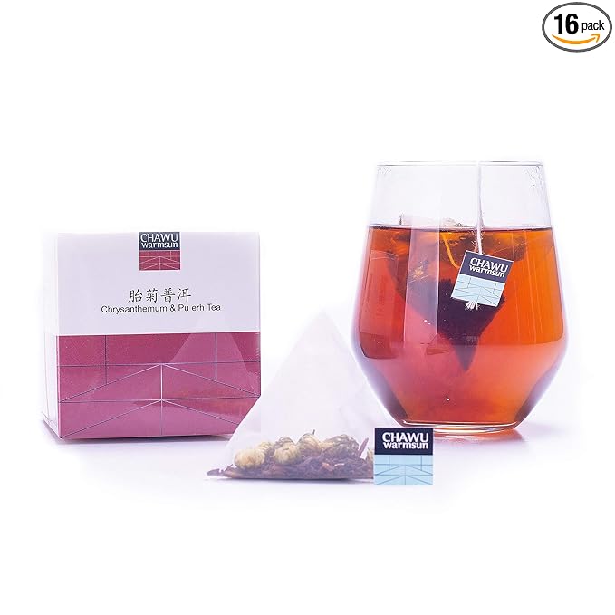 ChaWuWarmSun Chrysanthemum & Puerh Tea Bags,16 Tea bags,8 Count/Box(Pack of 2),Natural Chrysanthemum Tea Buds with Royal Puerh Tea Loose Leaf