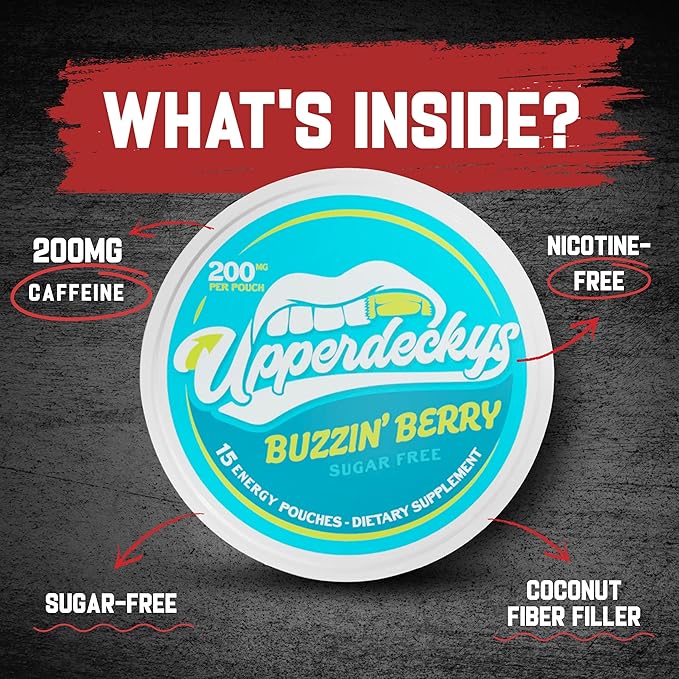 Upperdeckys, Buzzin Berry Caffeine Energy Pouches - Free Replacement and Alternative for Focus and Energy - Sugar Free Nootropic Pouches, Made in the USA and Delicious Flavor (4-Pack, 200mg)