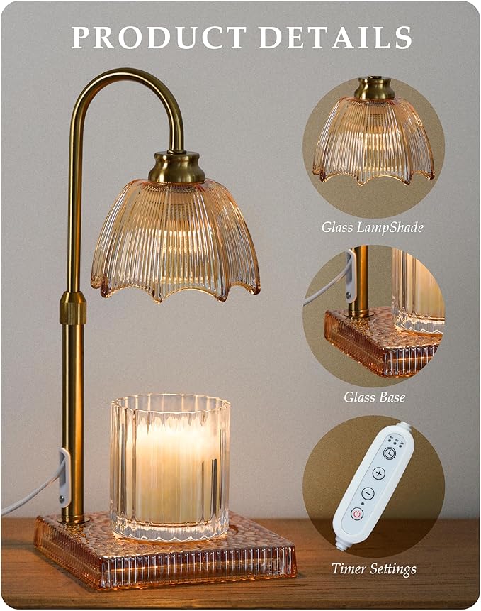 Candle Warmer Lamp with Timer, Dimmer & Adjustable Height, 20MM Crystal Base, 2 Blubs, Fit Jar Scented Candles, Safe Aromatherapy Light for Sleep, Work, Yoga, Bedroom, Office, Gift for Women