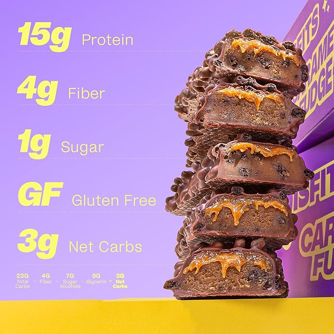 Misfits Vegan Protein Bars, Caramel Fudge - Updated Recipe | Plant Based, Low Sugar & Carb, High Fiber Snacks | Pack of 12