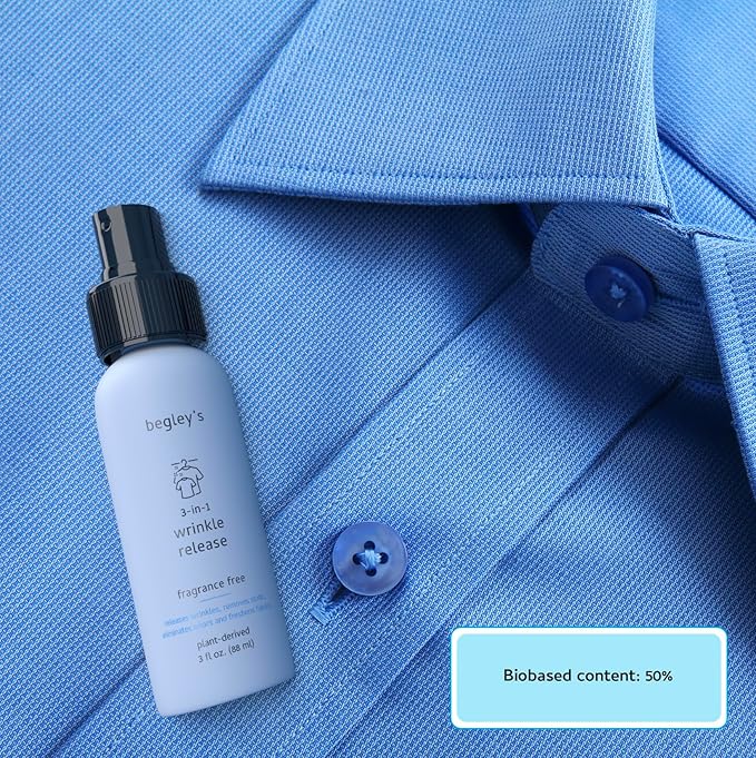 Begley's 3-in-1 Wrinkle Remover, Quick Fix Wrinkle Release, Static Cling Remover, Odor Eliminator and Fabric Refresher Spray - USDA Certified Biobased - Fragrance-Free, 16 oz