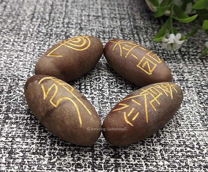 Amazing Gemstone Shiva Lingam Crystal Reiki Stones with Engraved Symbols for Usui Reiki Healing, Set of 4 Pcs (Indian Handmade Reiki Gift Set)