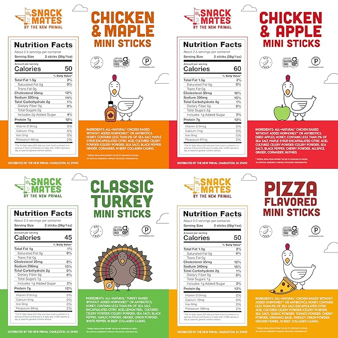 Snack Mates by New Primal Sampler Four Flavor Pack, Mini Meat Sticks, High Protein and Low Sugar Kids Snack, Gluten Free, Soy Free, Paleo, Lunchbox Friendly, 20 Count