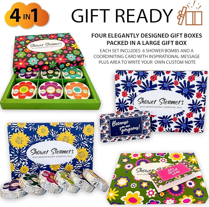 Shower Steamers for Women Gift Set – 24 Pack (4 Boxes of 6), Aromatherapy Shower Bombs w/Essential Oils, Relaxing Shower Melts, Perfect Spa Gift for Christmas, Stocking Stuffers for Women, Men, Teens