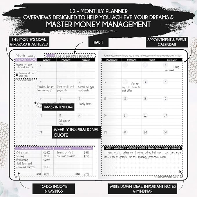 Financial Planner - Monthly Budget Planner & Monthly Bill Organizer | A 12-Month Journey to Financial Freedom | Bill Payment Tracker Organizer, Debt, Expense Tracker & Money Saving with Pockets